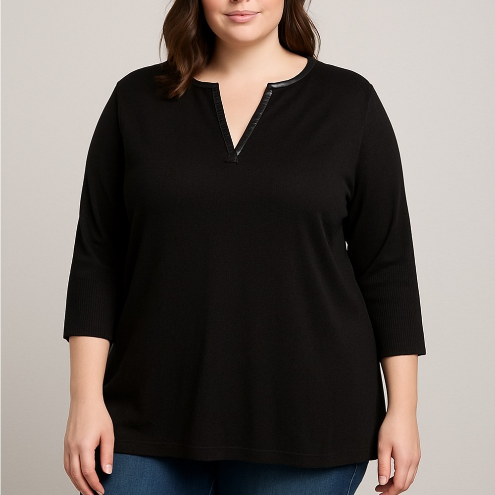 Casual Corner Annex Woman Black 2X Tunic Top – Leather-Trim Split Neck